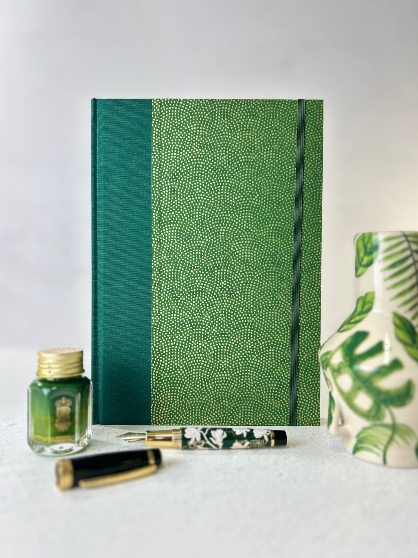 B5 Hardcover Notebook with Gold Polka Dots on Green Chiyogami Paper