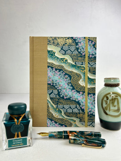 A5 160-page Hardcover Journal finished in Soft Gold Japanese book cloth and Floral Chiyogami Paper