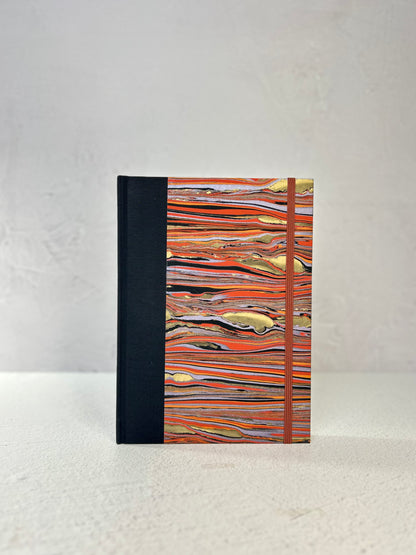 A5 Hardcover Notebook finished in Black Japanese book cloth and Renato Crepaldi hand marbled paper