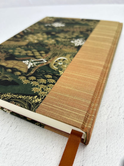 NEW A5 Hardcover Notebook finished in Bronze Japanese book cloth and Classic Green Gold Chiyogami Paper