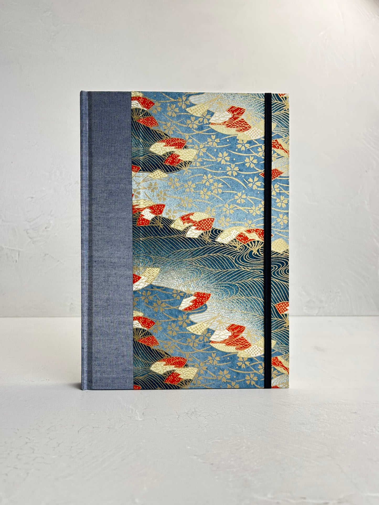 WABI-SABI B5 192-page Hardcover Journal finished in Steel Blue Japanese book cloth and vintage Chiyogami Paper