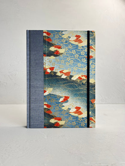 WABI-SABI B5 192-page Hardcover Journal finished in Steel Blue Japanese book cloth and vintage Chiyogami Paper