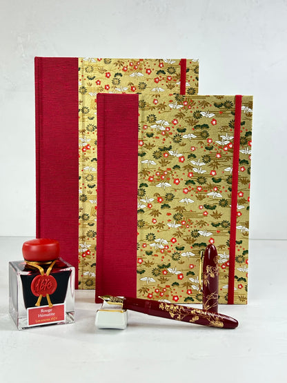 A5 160-page Hardcover Journal finished in Cardinal Red Japanese book cloth and White Cranes on Gold Chiyogami Paper