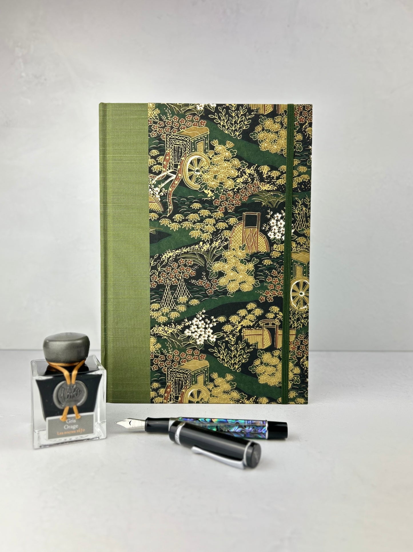 B5 Hardcover Notebook finished in Olive Green Japanese book cloth and Vintage Chiyogami Paper