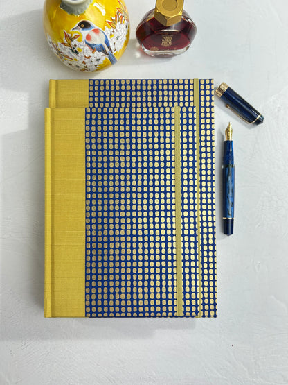 A5 160-page Hardcover Journal finished in Yellow Gold Japanese book cloth and blue and gold Chiyogami Paper