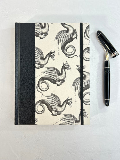 A5 160-page Hardcover Journal finished in Black Vaux Leather and Italian Letterpress dragon design
