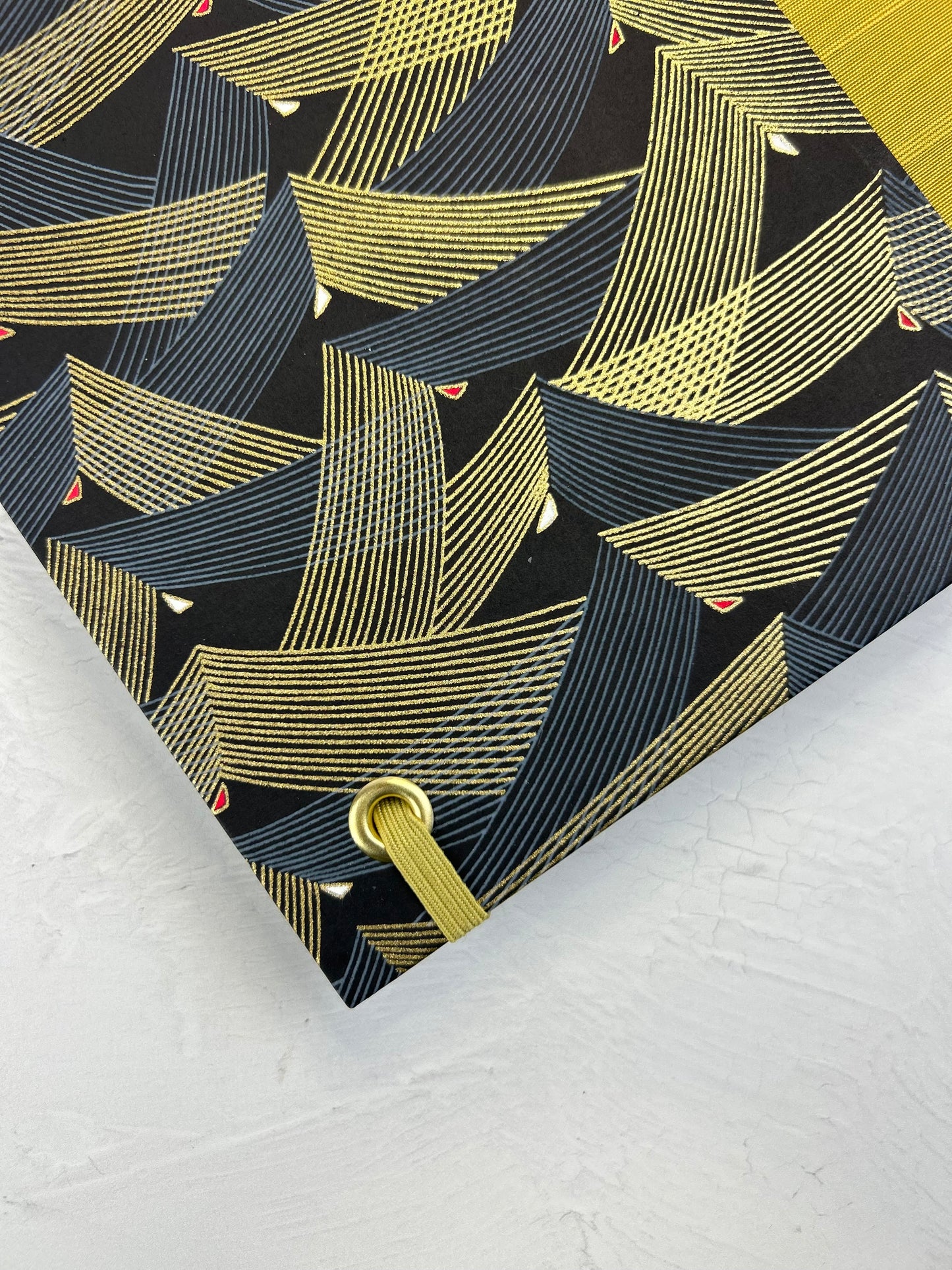 A5 160-page Hardcover Journal finished in Yellow Gold Japanese book cloth and Golden Peaks Chiyogami Decorative Paper