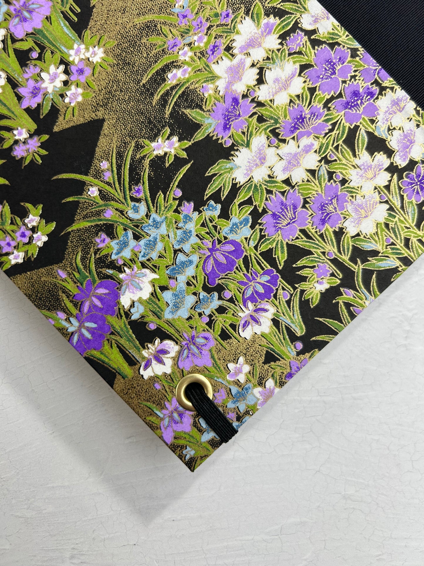 A5 160-page Hardcover Journal finished in black Japanese book cloth and purple wild flower Chiyogami paper