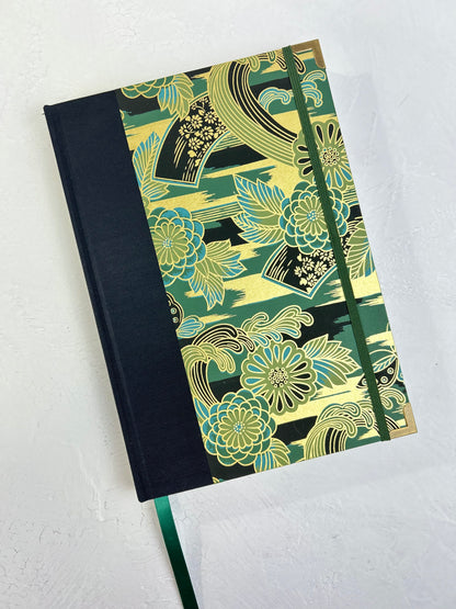 A5 Hardcover Notebook finished in Black Japanese book cloth and bold botanical Chiyogami Paper