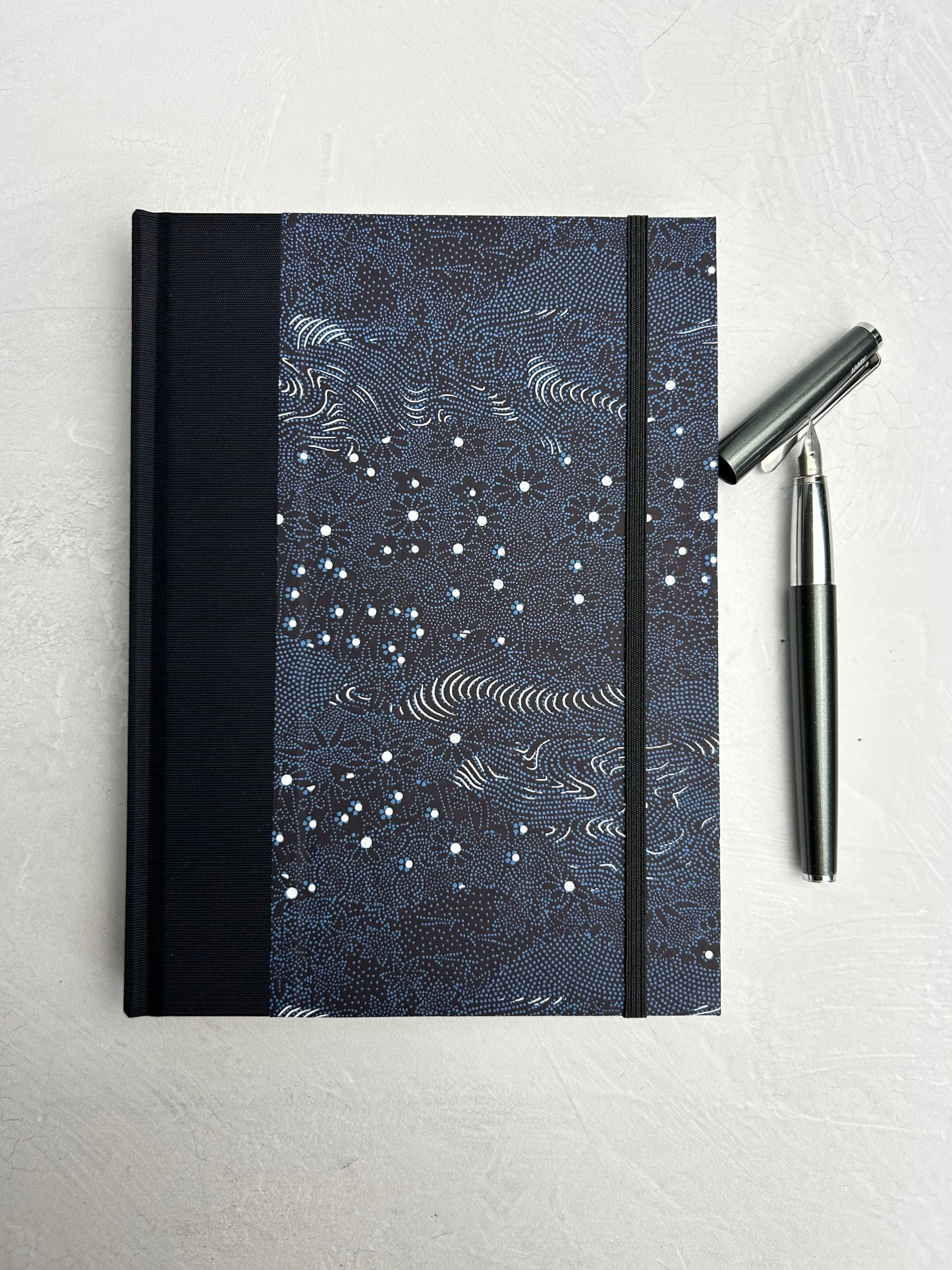 A5 160-page Hardcover Journal in finished Black Japanese book cloth and dark blue Chiyogami Paper