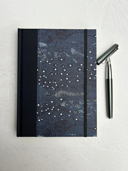 A5 160-page Hardcover Journal in finished Black Japanese book cloth and dark blue Chiyogami Paper