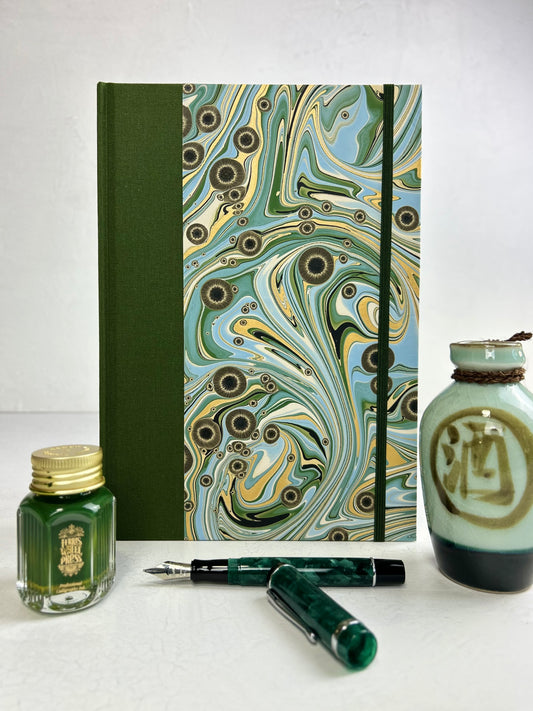 B5 192-page Hardcover Journal finished in Olive Italian Verona book cloth and Renato Crepaldi hand marbled decorative paper