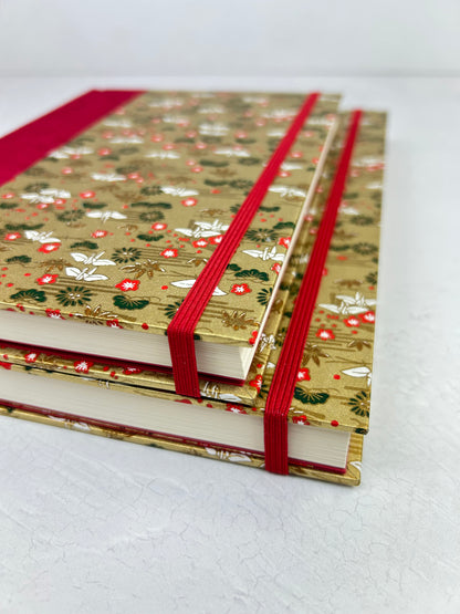 A5 160-page Hardcover Journal finished in Cardinal Red Japanese book cloth and White Cranes on Gold Chiyogami Paper