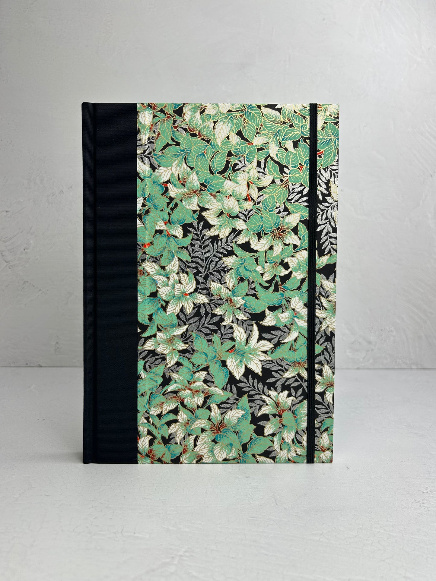 B5 192-page Hardcover Journal finished in black Japanese book cloth with green and silver botanical Chiyogami Paper
