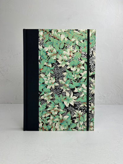B5 192-page Hardcover Journal finished in black Japanese book cloth with green and silver botanical Chiyogami Paper
