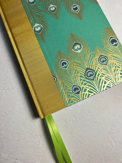 A5 Hardcover Notebook finished in Yellow Gold Japanese Book cloth and Matthew Williamson Peacock print