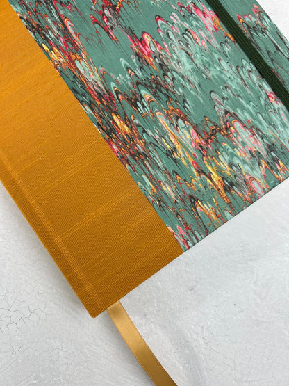 B5 192-page Hardcover Journal finished in Ochre Japanese book cloth and green French Marble Paper
