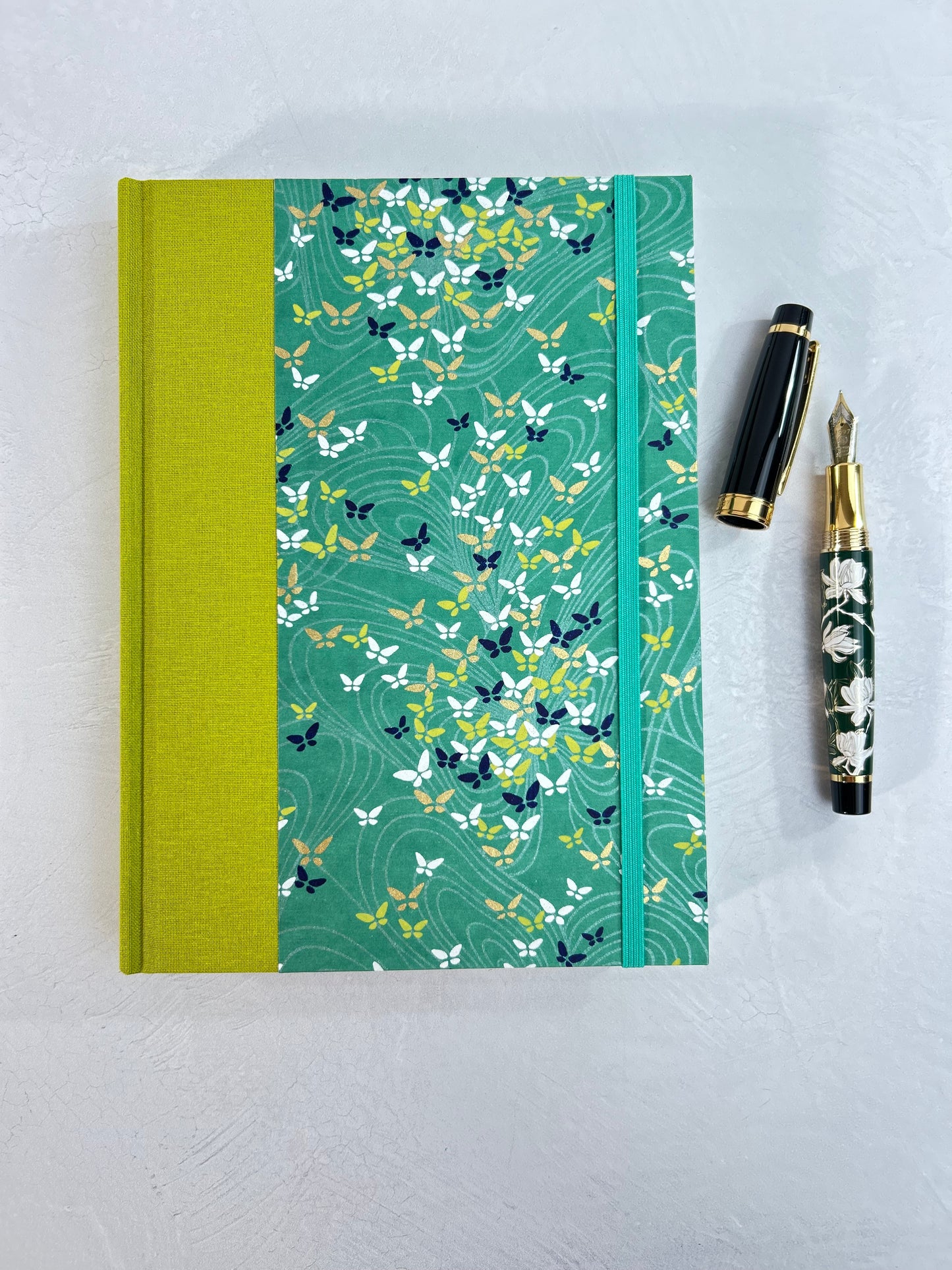 A5 160-page Hardcover Journal finished in Lemongrass Verona book cloth and Butterfly Chiyogami Paper