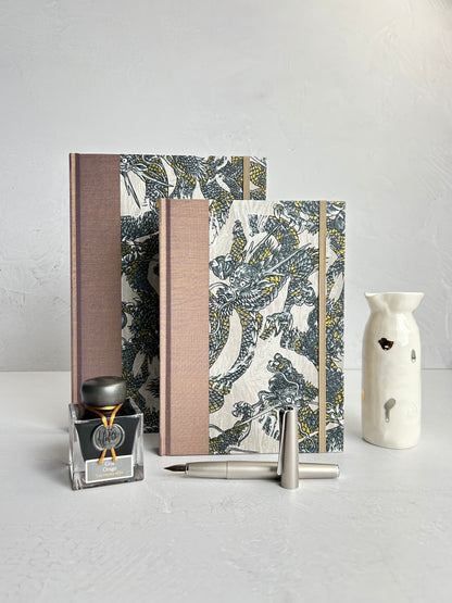 A5 160-page Hardcover Journal finished in Bronze Japanese book cloth and Dragon Chiyogami Paper