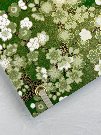 A5 160-page Hardcover Journal finished in Platinum Japanese book cloth and Cherry Blossom Chiyogami Paper
