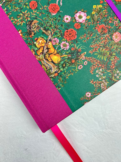 B5 192-page Hardcover Journal finished in Berry Bloom Verona book cloth and Oasis Print by Phannapast Taychamaythakool