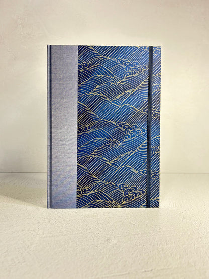 B5 Hardcover Notebook finished in Golden Waves on Blue Chiyogami Paper