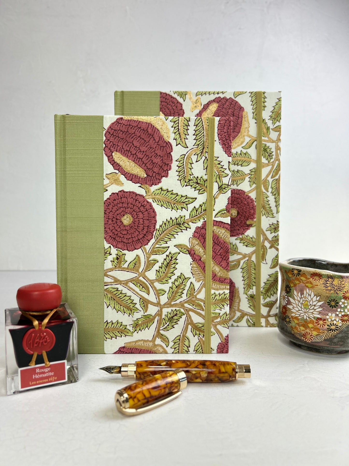 B5 192-page Hardcover Journal finished in Celery Japanese book cloth and Red Floral Chiyogami Paper