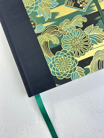 A5 Hardcover Notebook finished in Black Japanese book cloth and bold botanical Chiyogami Paper