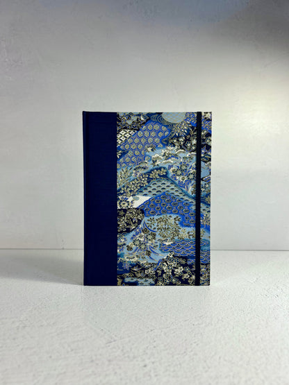 A5 Hardcover Notebook finished in Cadet Blue Japanese book cloth and vintage blue and purple Chiyogami decorative paper