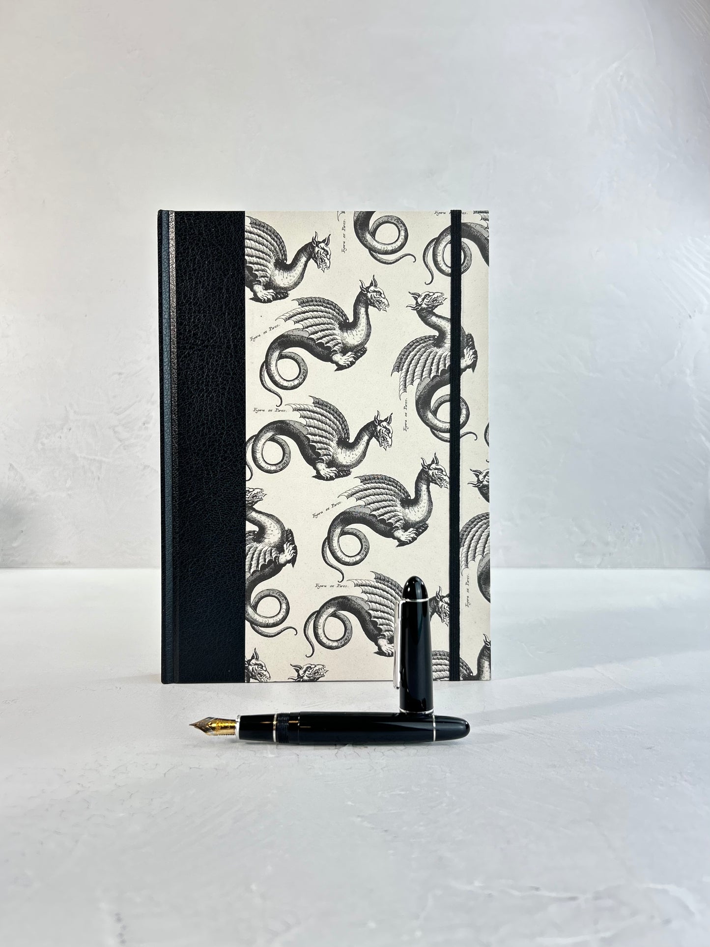 B5 192-page Hardcover Journal finished in Black Vaux Leather and Italian Letterpress dragon design