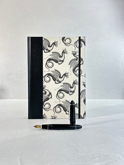 B5 192-page Hardcover Journal finished in Black Vaux Leather and Italian Letterpress dragon design