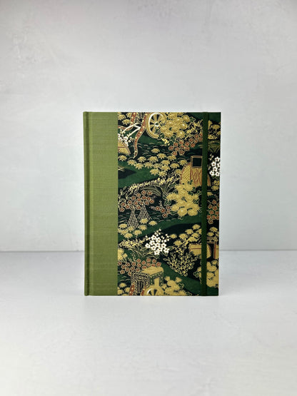 A5 Hardcover Notebook finished in Olive Green Japanese book cloth and Vintage Chiyogami Paper
