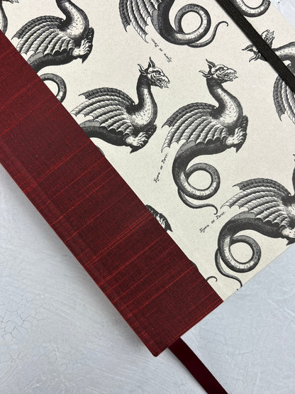 NEW A5 Hardcover Notebook finished in Blood Red Japanese book cloth and Italian Medieval Letterpress Dragons Paper