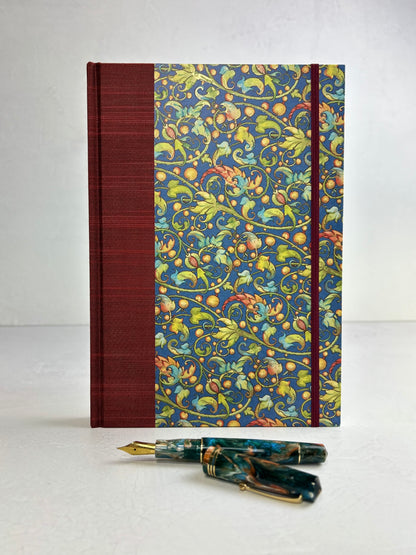 B5 192-page Hardcover Journal finished in Dark Red Japanese book cloth and Floral Italian Florentine Paper