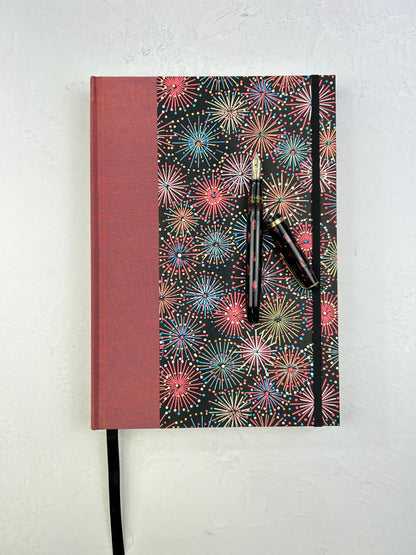 (JANUARY 2026 DELIVERY) B5 Hardcover Notebook finished in Rust Blue Japanese book cloth and Chiyogami Fireworks on Black