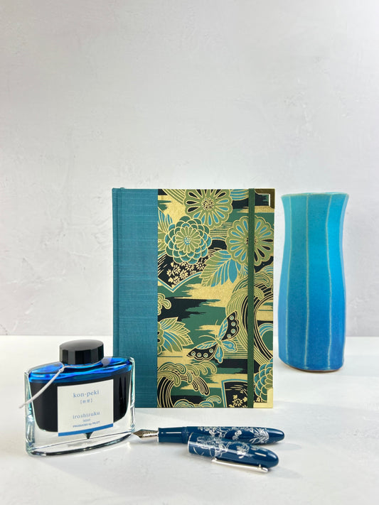 A5 Hardcover Notebook finished in Marine Blue Japanese book cloth and bold botanical Chiyogami Paper