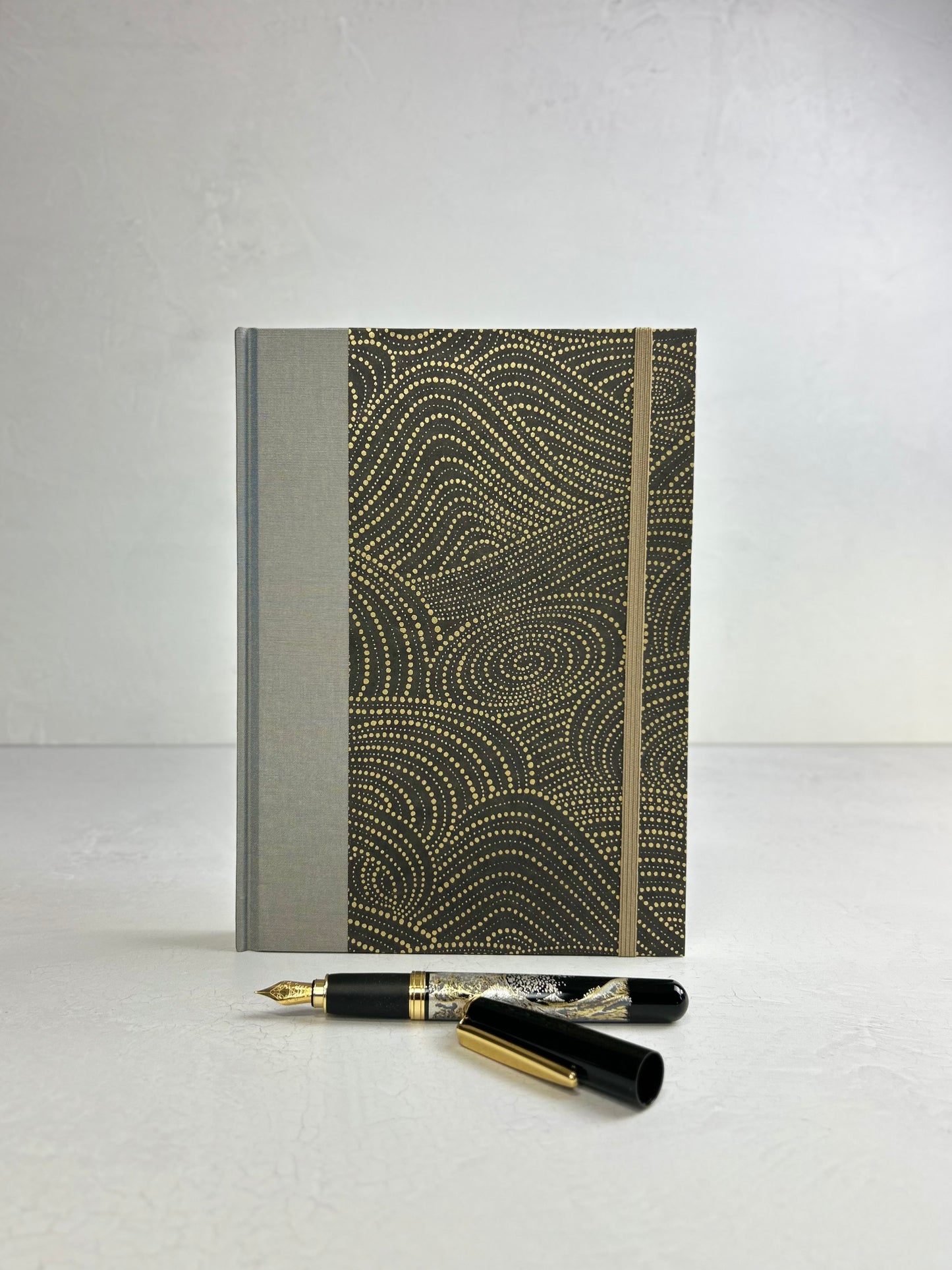 A5 160-page Hardcover Journal finished in Blue Gold Japanese book cloth and Gold on Bronze Chiyogami Decorative Paper