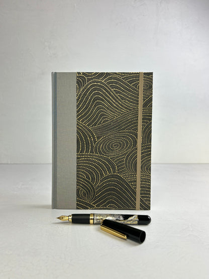 A5 160-page Hardcover Journal finished in Blue Gold Japanese book cloth and Gold on Bronze Chiyogami Decorative Paper