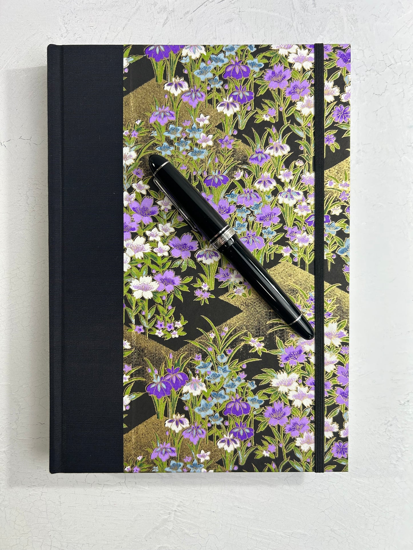B5 192-page Hardcover Journal finished in black Japanese book cloth and purple wild flower Chiyogami paper