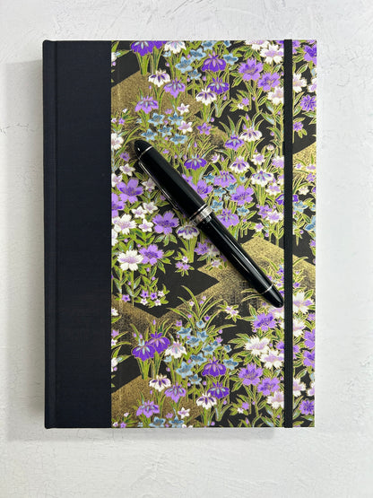 B5 192-page Hardcover Journal finished in black Japanese book cloth and purple wild flower Chiyogami paper