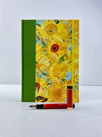 B5 192-page Hardcover Journal finished in Lemon Grass Green Verona book cloth and Sunflowers by Vincent Van Gogh