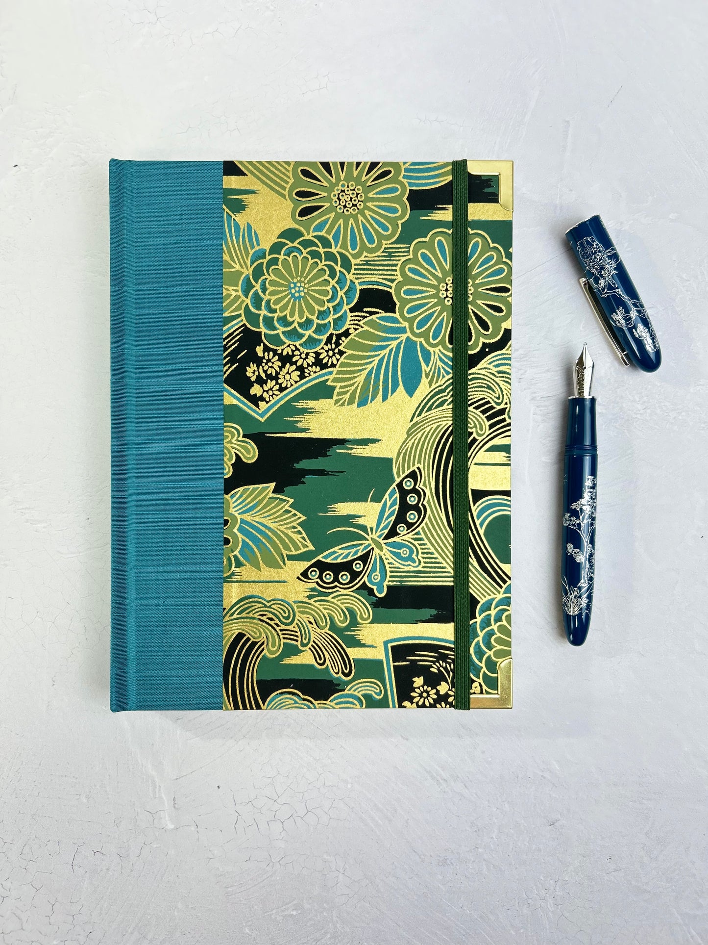 B5 Hardcover Notebook finished in Marine Blue Japanese book cloth and bold botanical Chiyogami Paper