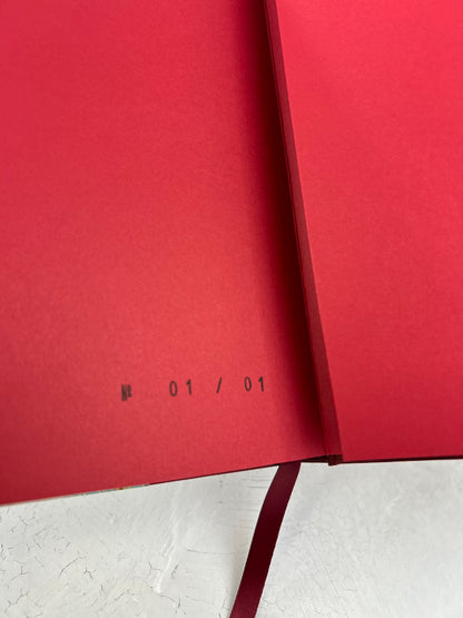 B5 192-page Hardcover Journal finished in Dark Red Japanese book cloth and hand marbled paper by Daniel Gaál