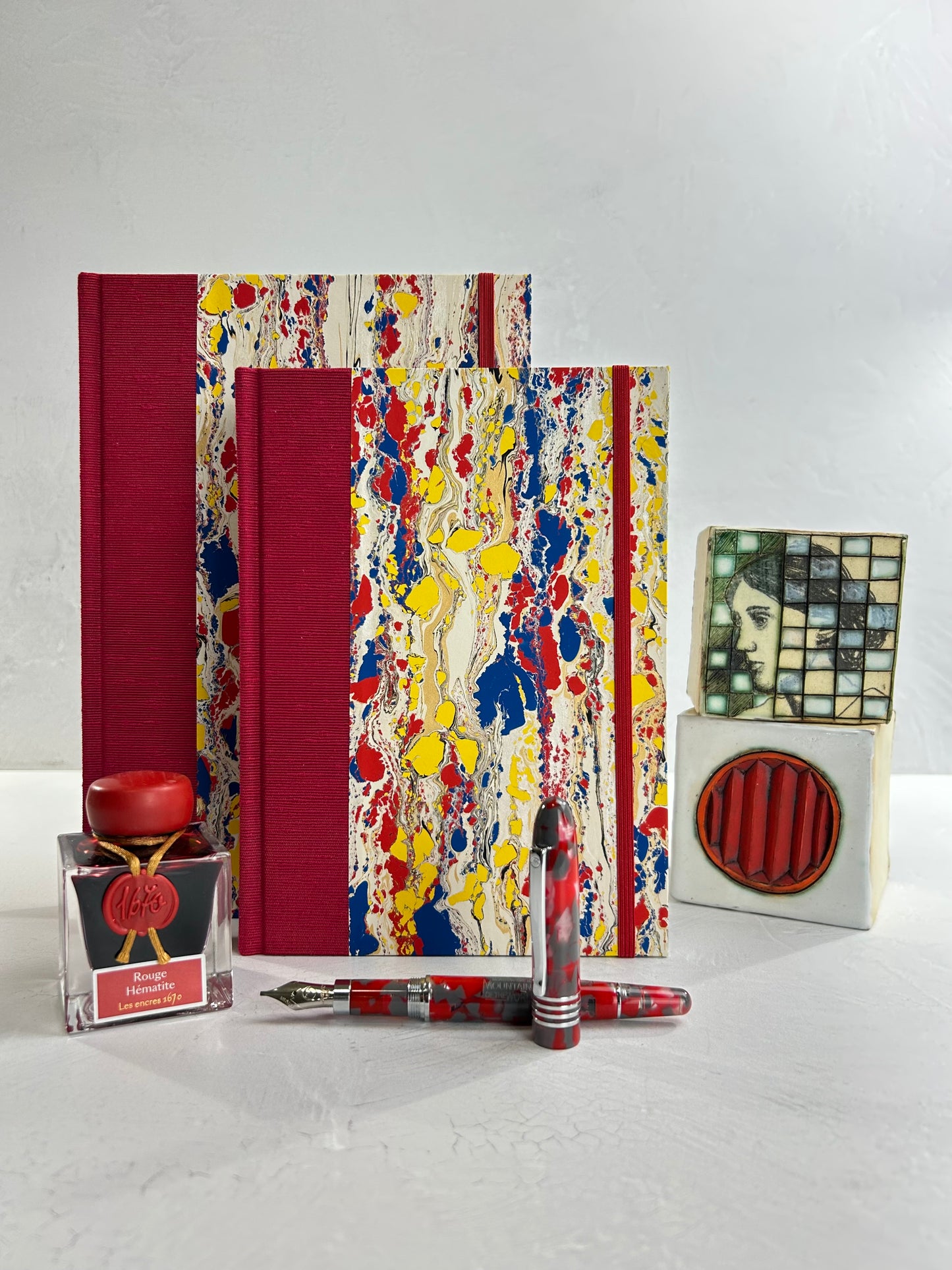 B5 192-page Hardcover Journal finished in Cardinal Red Japanese book cloth and Italian hand-marbled paper by Renato Crepaldi