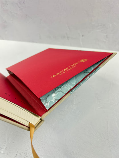 A5 160-page Hardcover Journal finished in Platinum Japanese book cloth and light blue French Marble Paper