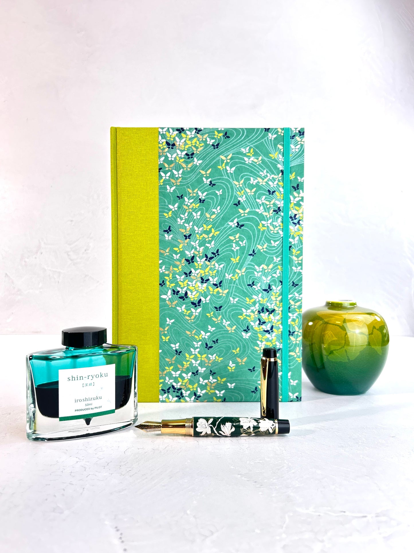 B5 192-page Hardcover Journal finished in Lemongrass Verona book cloth and Butterfly Chiyogami Paper