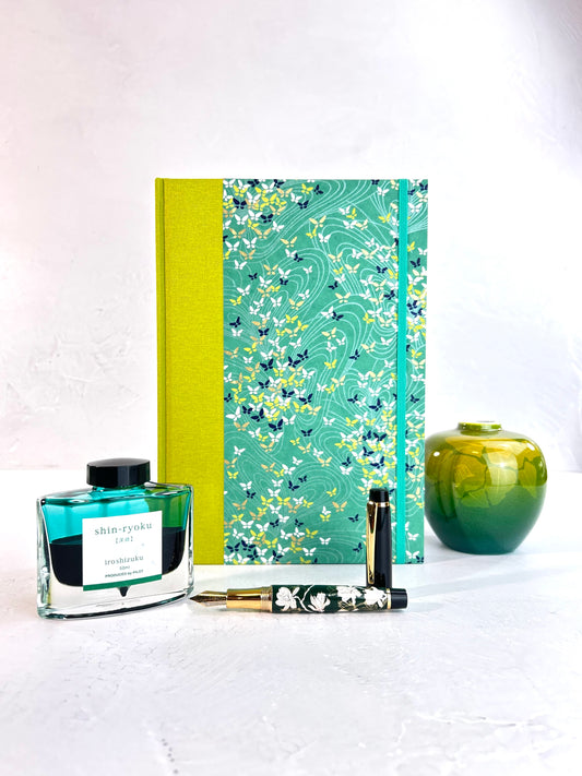 B5 192-page Hardcover Journal finished in Lemongrass Verona book cloth and Butterfly Chiyogami Paper