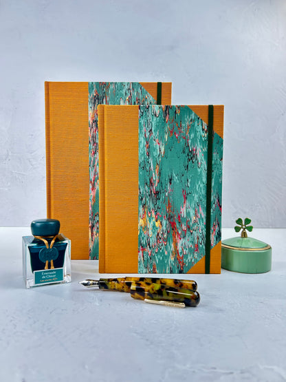 B5 192-page Hardcover Journal finished in Ochre Japanese book cloth and green French Marble Paper