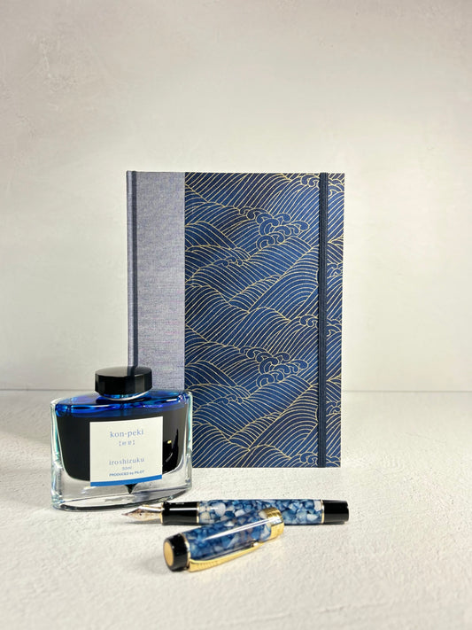 (PRE-ORDER NOVEMBER Delivery) A5 Hardcover Notebook finished in Golden Waves on Blue Chiyogami Paper