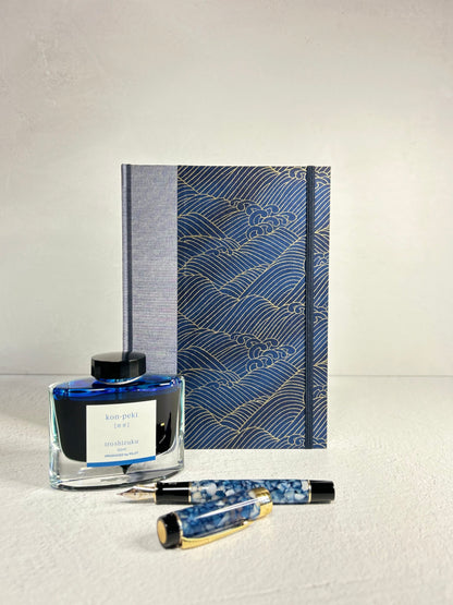(PRE-ORDER October Delivery) A5 Hardcover Notebook finished in Golden Waves on Blue Chiyogami Paper